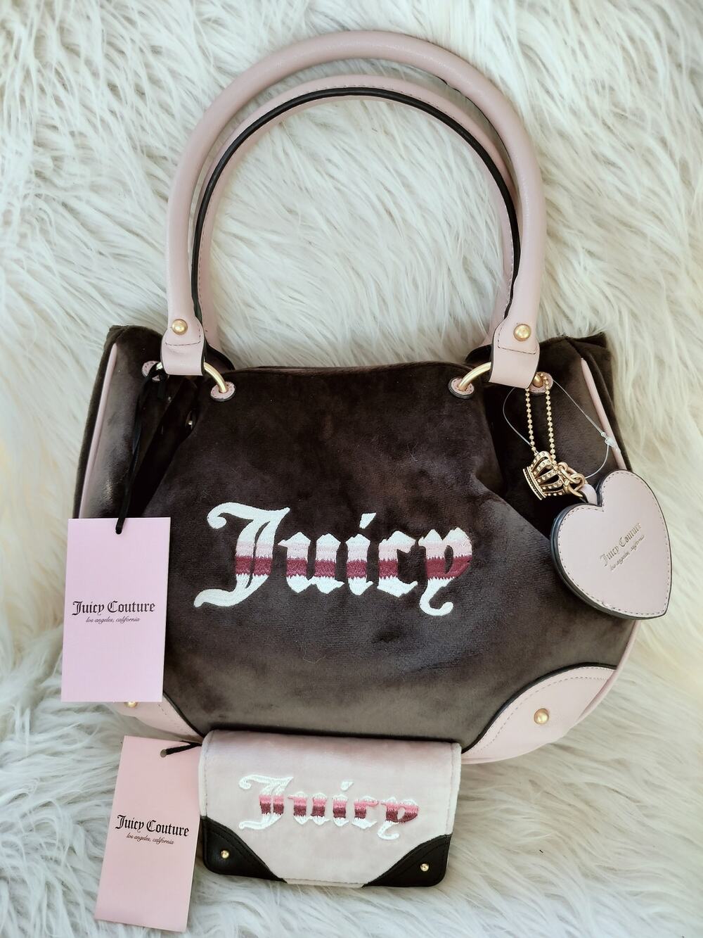 588)Juicy Couture Chocolate Brown Dusty Pink Satchel with Matching Bifold Wallet